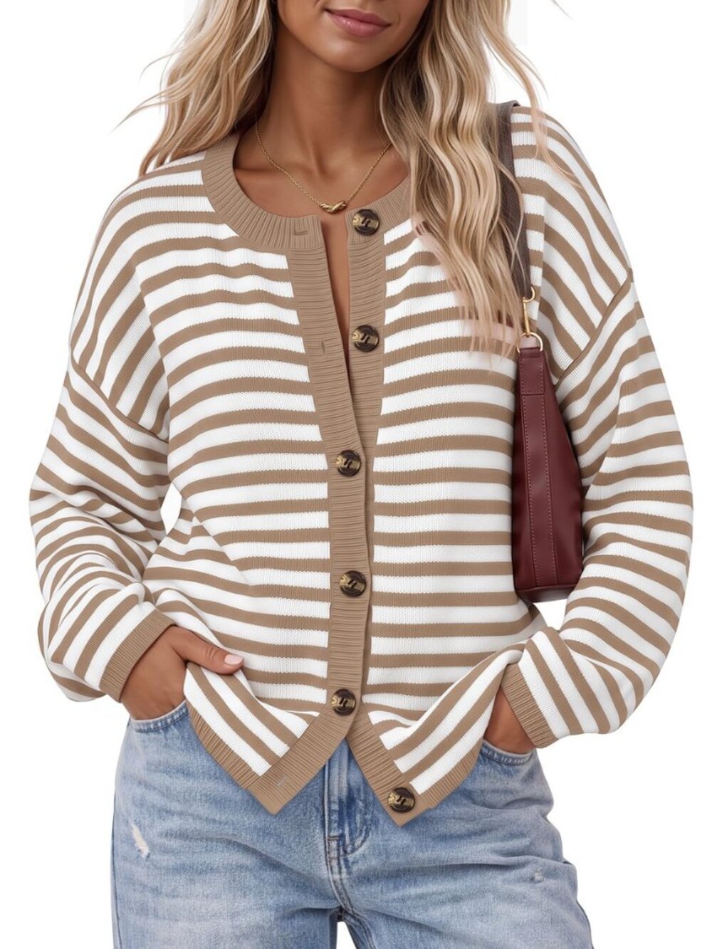 Women's Striped Cardigan Sweater Button Down Knit Tops
